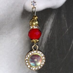 Handcrafted Red Drop Dangle Cubic Zirconia Stud Post Earrings w Mirror Pendant